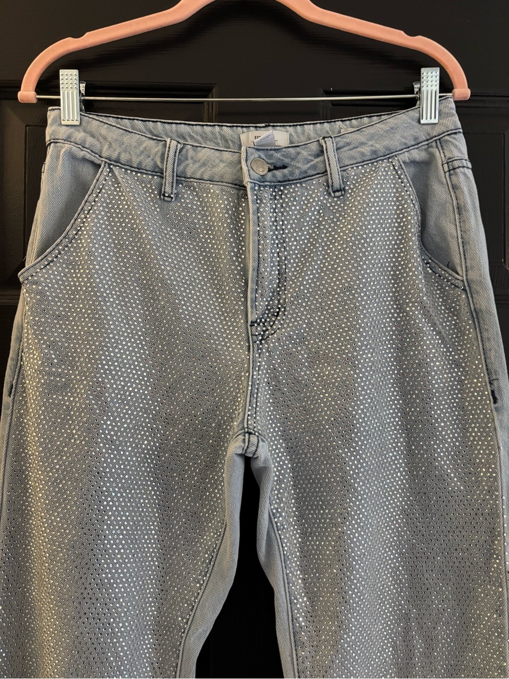 Light Blue Women’s Jeans - Classic Straight Fit - Rhinestone Front